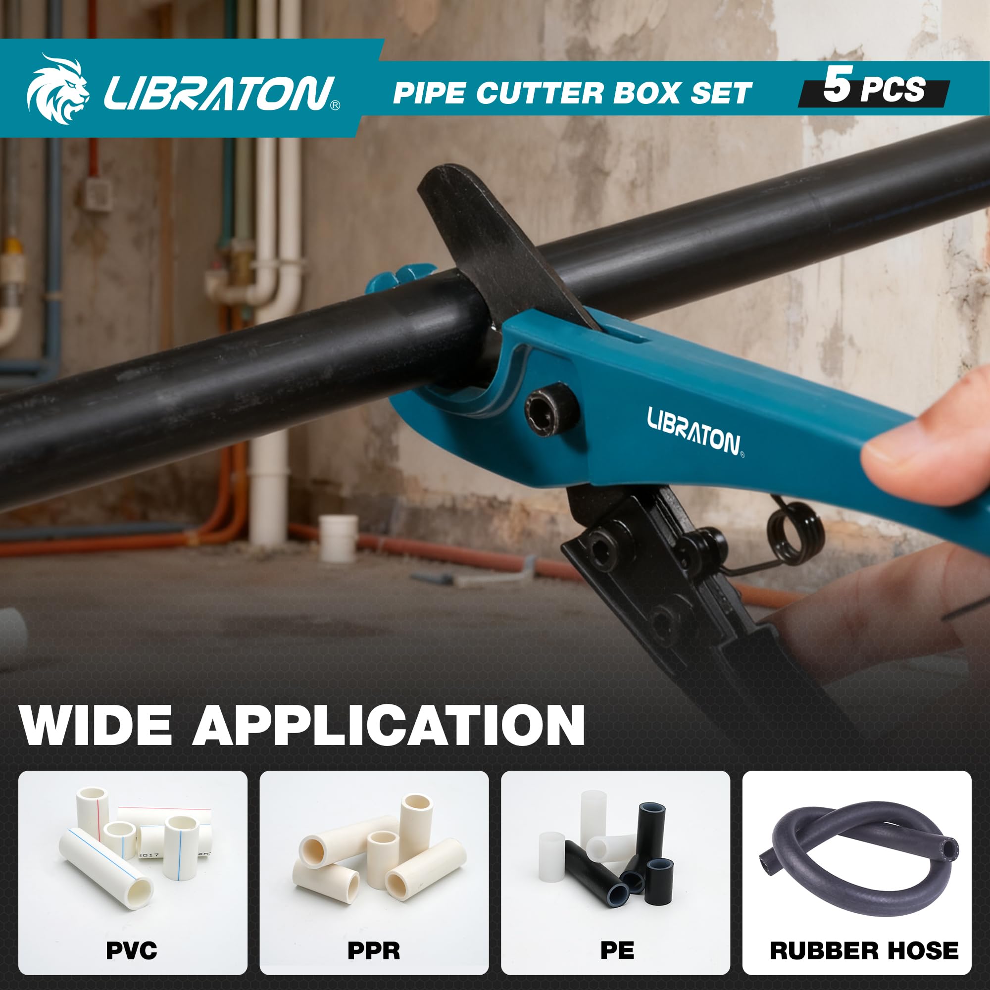 LIBRATON Rohrschneider 3-50MM, Hochleistungs-rohrschneider Edelstahl, PEX-Rohrschneider, Entgrater und Rohrreibahle, 5tlg Rohrabschneider Set für Kupfer, Aluminium, PEX, PVC, mit Aufbewahrungsbox 7