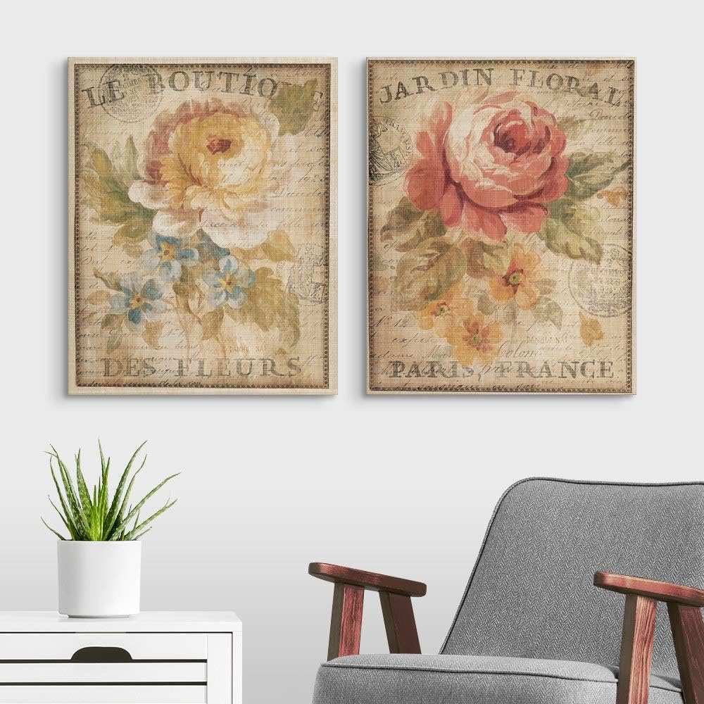 Amazon Com 2 Piece Parisian Flowers Canvas Wall Art Print Set Floral Home Decor Posters Prints