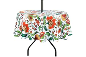ColorBird Outdoor 60 Inch Round Tablecloth with Umbrella Hole and Zipper,Waterproof Patio Table Cloth,Red Flower Spring/Summer Table Covers for Backyard Circular Table/Party/Picnic