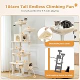 PAWZ Road Cat Tree 184cm Large Cat Tower with Sisal Posts Beige 8-Level view 7