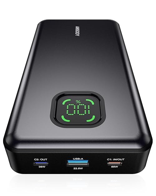 ANSODY 65W Laptop Power Bank, 25000mAh PD Charger 100W Total Fast Charging Battery Pack with 3 Ports with Digital Display, Travel Powerbank for MacBook Pro iPad Steam Deck iPhone 17-12 S25 etc (Gray)
