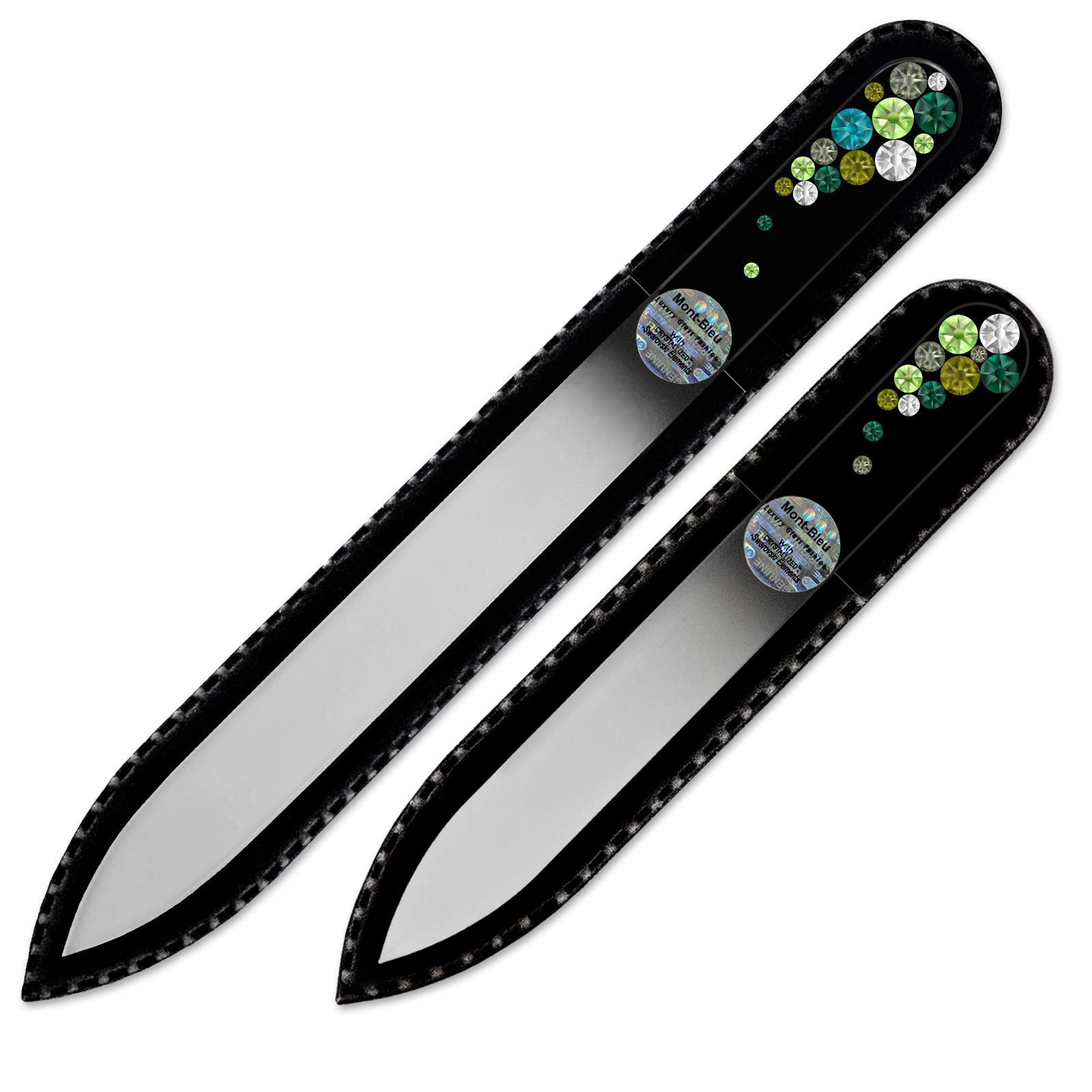 Mont Bleu Professional Set of 2 Crystal Nail Files Hand Decorated with crystals - in Black Velvet Sleeve - Genuine Czech Tempered Glass - Handmade Glass Nail File for Women