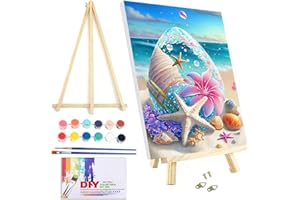 VIGEGU Paint by Numbers Kit for Adults Beginner with Framed Canvas - with Wooden Easel, Beach Starfish DIY Oil Painting, with Acrylic Paints Brushes Nice Gift Box 7.8x11.8in