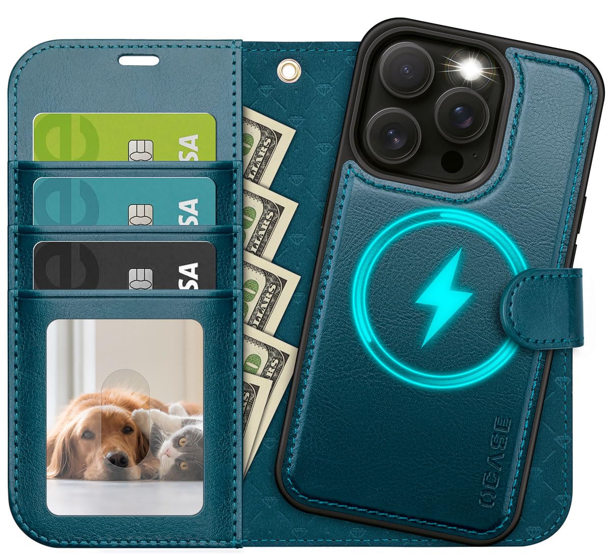 Photo 1 of OCASE for iPhone 13 Pro Case Detachable Wallet Case with Card Holder, 2 in 1 Pu Leather Flip Folio with RFID Blocking Stand Wrist Strap Shockproof Phone Cover 6.1 Inch 2021, Peacock Blue