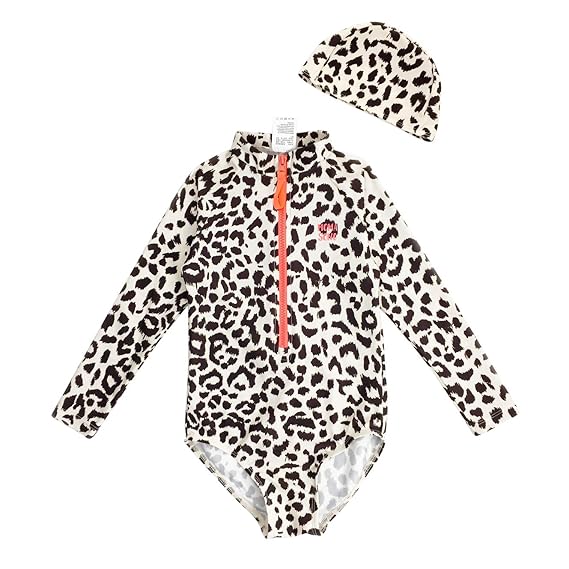 One-piece swimsuit + hat set surfing  Wetsuit Zip Rash Guard Beachwear  white leopard
