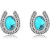 JERWLI Turquoise Horseshoe Earrings Sterling Silver Western Horseshoe Stud Earrings Horse Jewelry Gifts for Women Horse Lovers