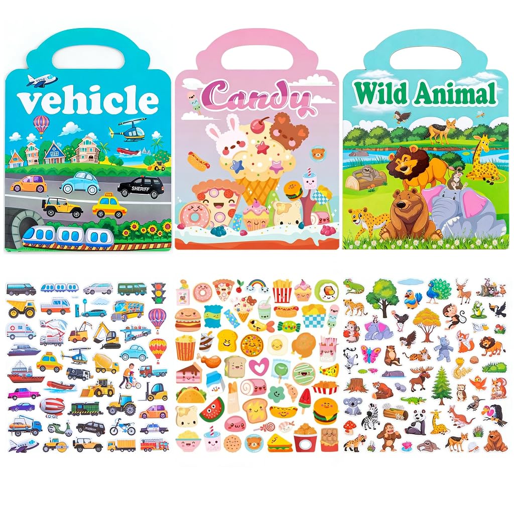 Satiskid 3 Pack Reusable Sticker Books for Toddlers, 3D Sticker Books with Cute Animal Vehicle Food Themes, Educational Sticker Activities for Kids, Portable Travel Toys with Carry Handle