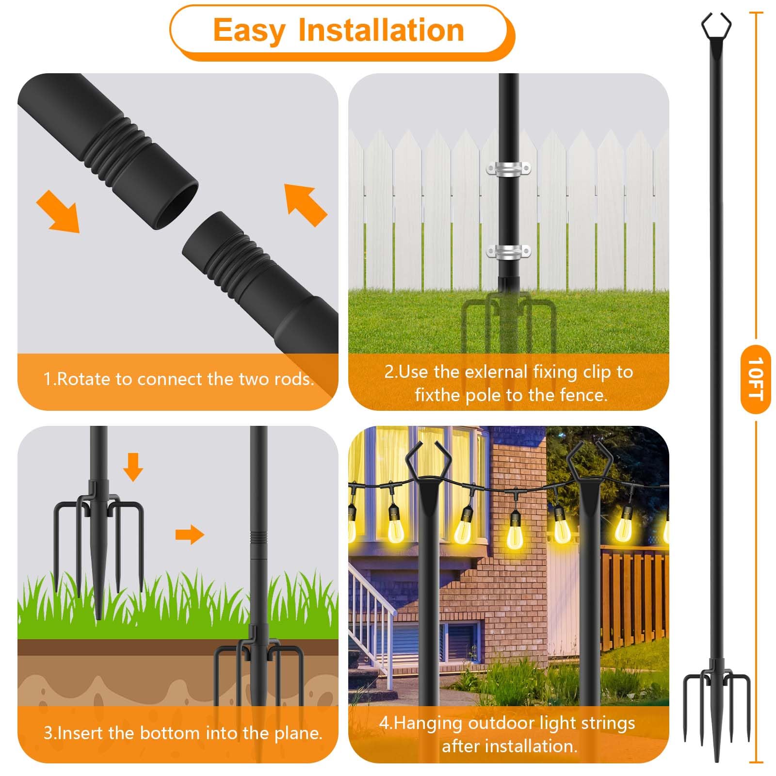 4 Pack String Light Poles,10 Ft Metal Poles with Fork for Outdoor String Lights,Outdoor Light Poles with Fork,Poles/Post/Stand for Outside,Patio,Deck,Backyard,Garden Wedding,Party