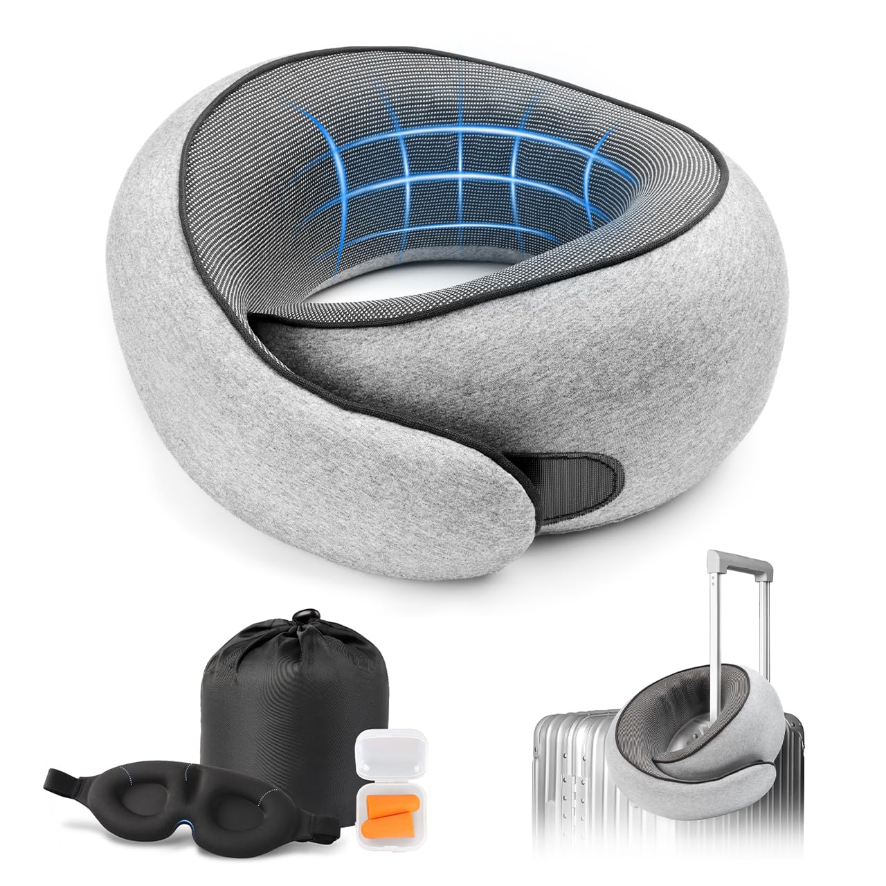 Photo 1 of Purroch Travel Neck Pillow with 100% Pure Memory Foam, G-Shape, Includes Eye Mask & Ear Plugs, Ergonomic Design for Airplane, Car & Office, etc, Beige Gray