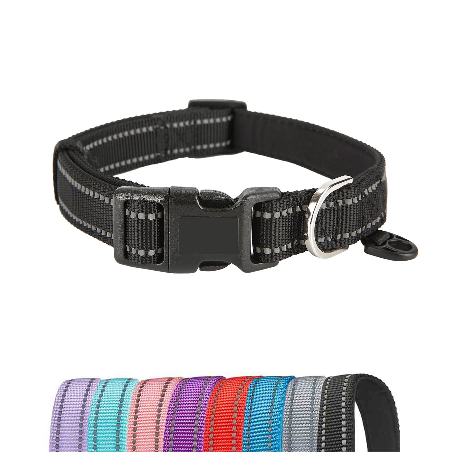 Petiry Reflective Nylon Dog Collar with Breathable Neoprene Padding,Adjustable for Puppy Medium Large Dog Collar(Neck 33-48CM,Black)