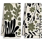 HSIASHENG ArtisaEura Retro Boho Dark Green and Black Floral Kitchen Towels, Abstract Mid Century Modern Botanical Dish Tea Hand Towels for Kitchen Bathroom Decor, 16x24 Inch Set of 2