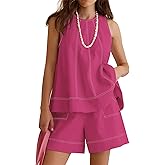 Rapbin Women Two Piece Short Set Drawstring Elastic Waist Pants Round Neck Tank Tops Comfy Sweatsuit Soft Sleepwear