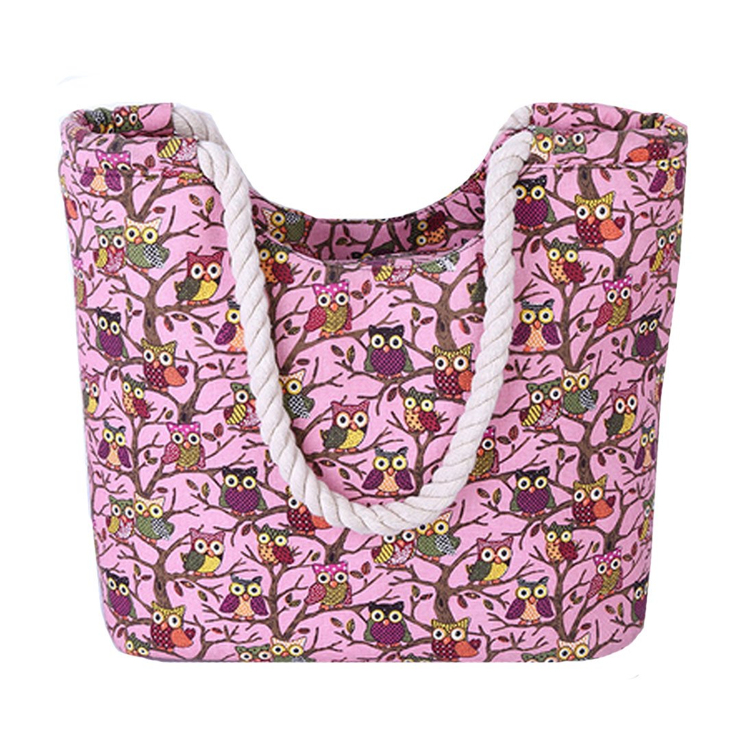 AiSi Canvas Beach Bag Shoulder Bag Shopper Shopping Bag with Zip Owl Pattern Blue Pink Black Beige, pink, One Size