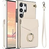 Asuwish Phone Case for Samsung Galaxy S25 Ultra 5G Wallet Cover with Tempered Glass Screen Protector and RFID Blocking Ring Stand Credit Card Holder Cell S25Ultra 25S S 25 25Ultra Women Men Off White