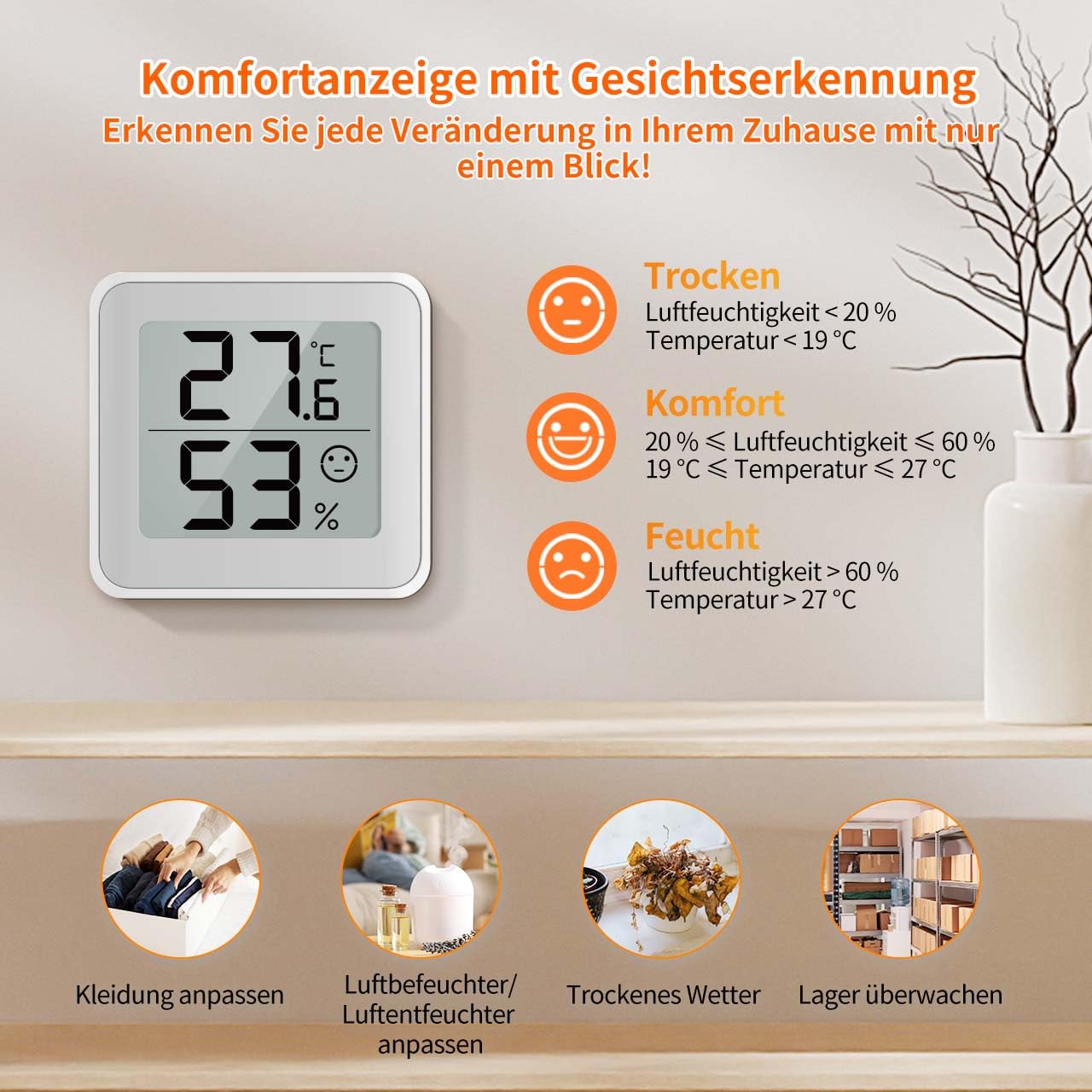 MeesMeek Indoor-Thermometer Feuchtigkeitsmesser-Hygrometer-Monitor mit großem LCD-Digitaldisplay,Komfortanzeige,℃/℉-Umschalter sowie Temperatur-und Feuchtigkeitssensor für Babyzimmer,Treibhaus(2) 4