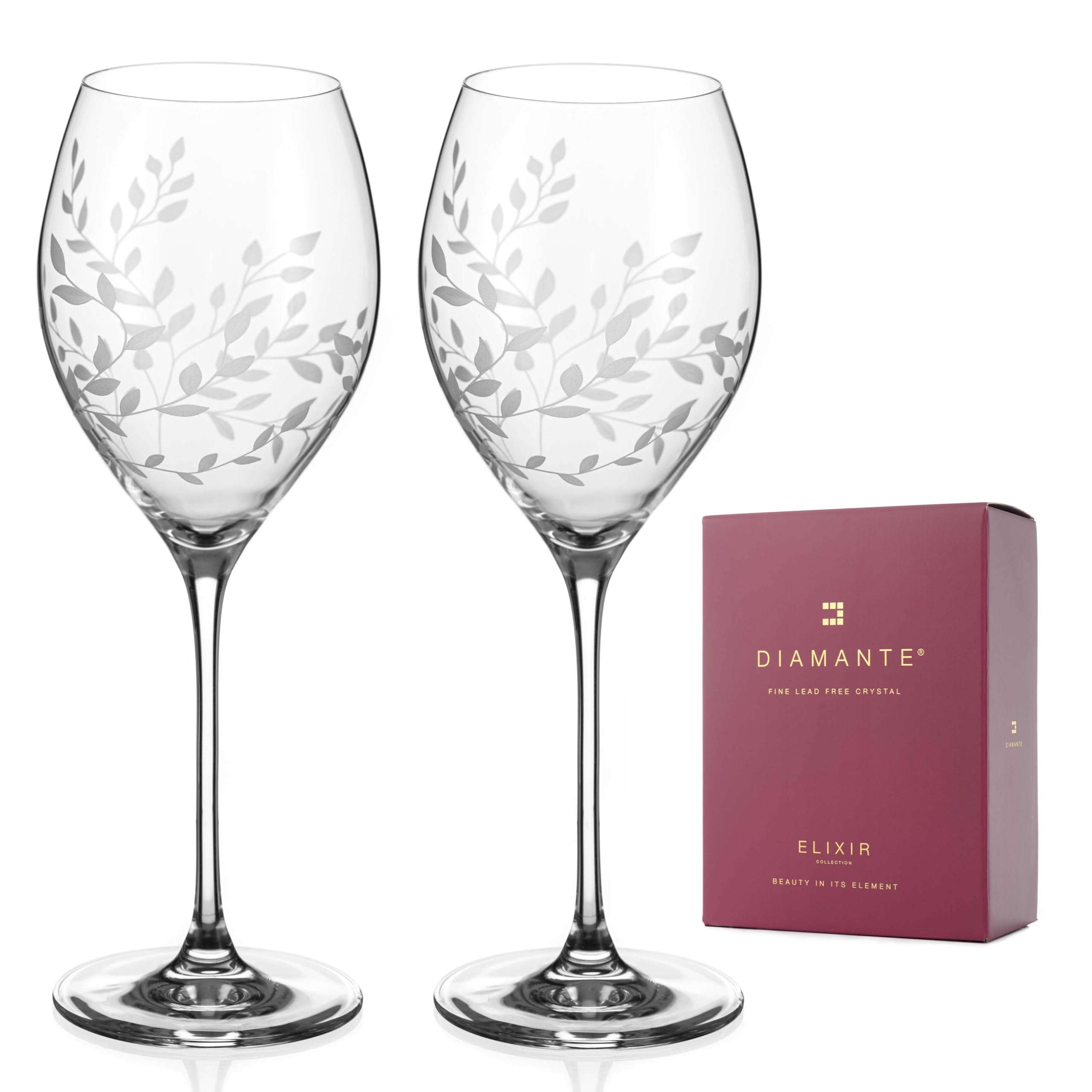 DIAMANTE Crystal Wine Glasses Pair - ‘Breeze’ - Intricately Etched Floral Leaves Pattern - Set of 2