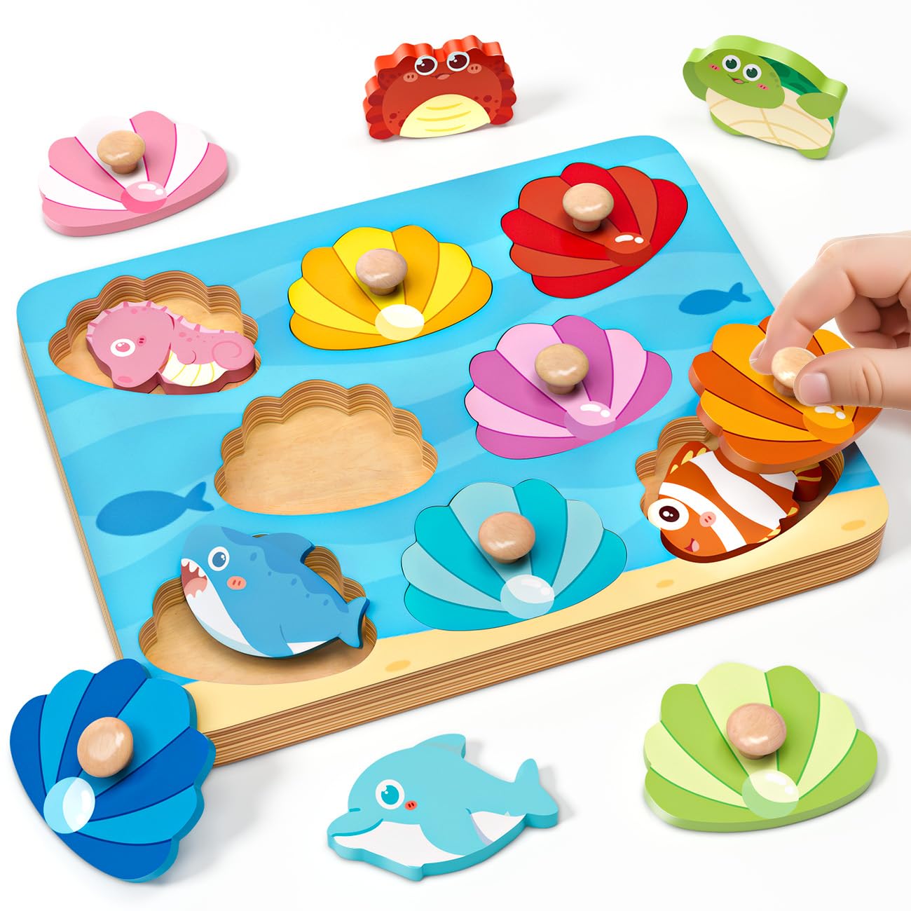 Sea Animals Peg Puzzles Wooden Toys for 1 2 Year Old, Montessori Toys for Girls Boys Easter Birthday Gifts Presents, Learning Educational Toys for Kids Toddlers Baby Age 1 2 3