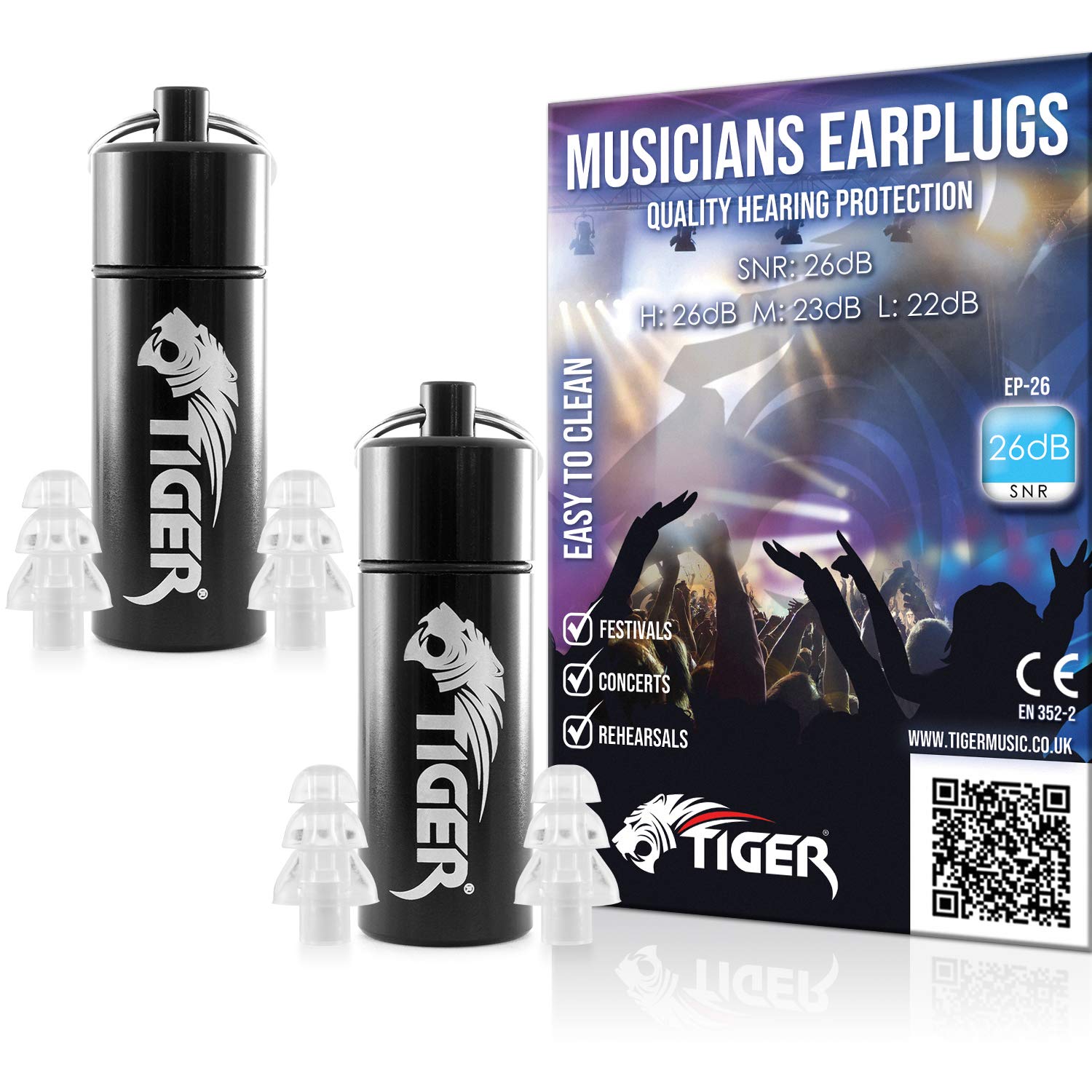 TIGER EP-26-2 Musicians Filter Earplugs - Hearing Protection Ear Plugs SNR 26dB - for Festivals, Concerts, Music, Clubs - Clear - Pack of 2 Pairs