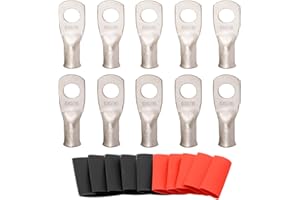SVAAR 10pcs 6 AWG - 5/16'' Tinned Copper Cable Lugs UL Listed 6 Gauge Ring Terminal Wire Lugs Battery Cable Ends Heavy Duty Closed End Crimp Connectors with 10pcs 3:1 Heat Shrink Tubings