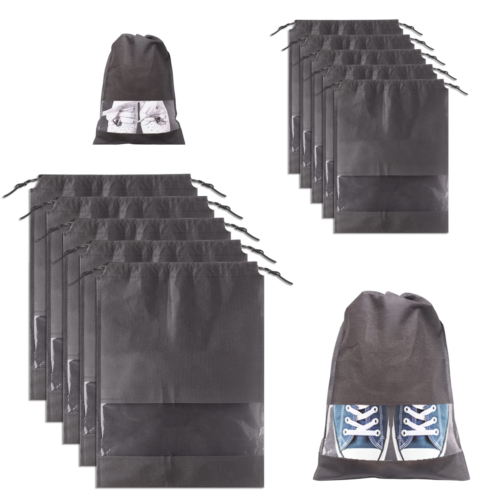 Shoe Bags for Travel - Vaktop 10 PCS Travel Shoe Bag, Drawstring Shoes Storage Bags with Transparent Slot - for Shoes Boots High Heel, Men Women Daily and Travel Use (2 Sizes, Grey)