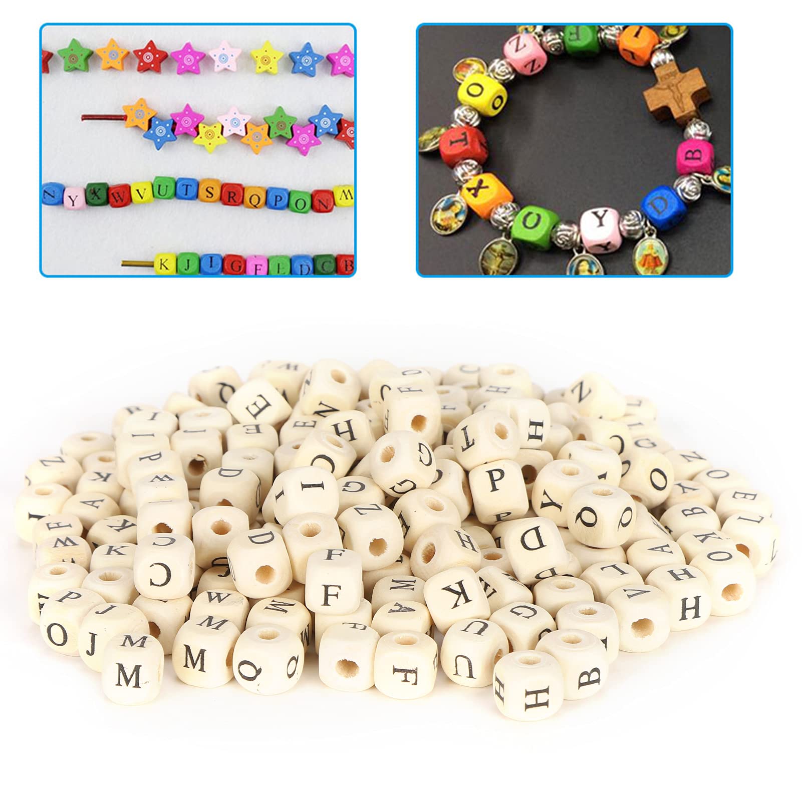 Zerodis 300pcs 10mm Wooden Letter Beads Alphabet Beads for Crafts, Cube Engraved Letter Spacer DIY Jewelry Making Accessories Bracelet Garland Making Necklace