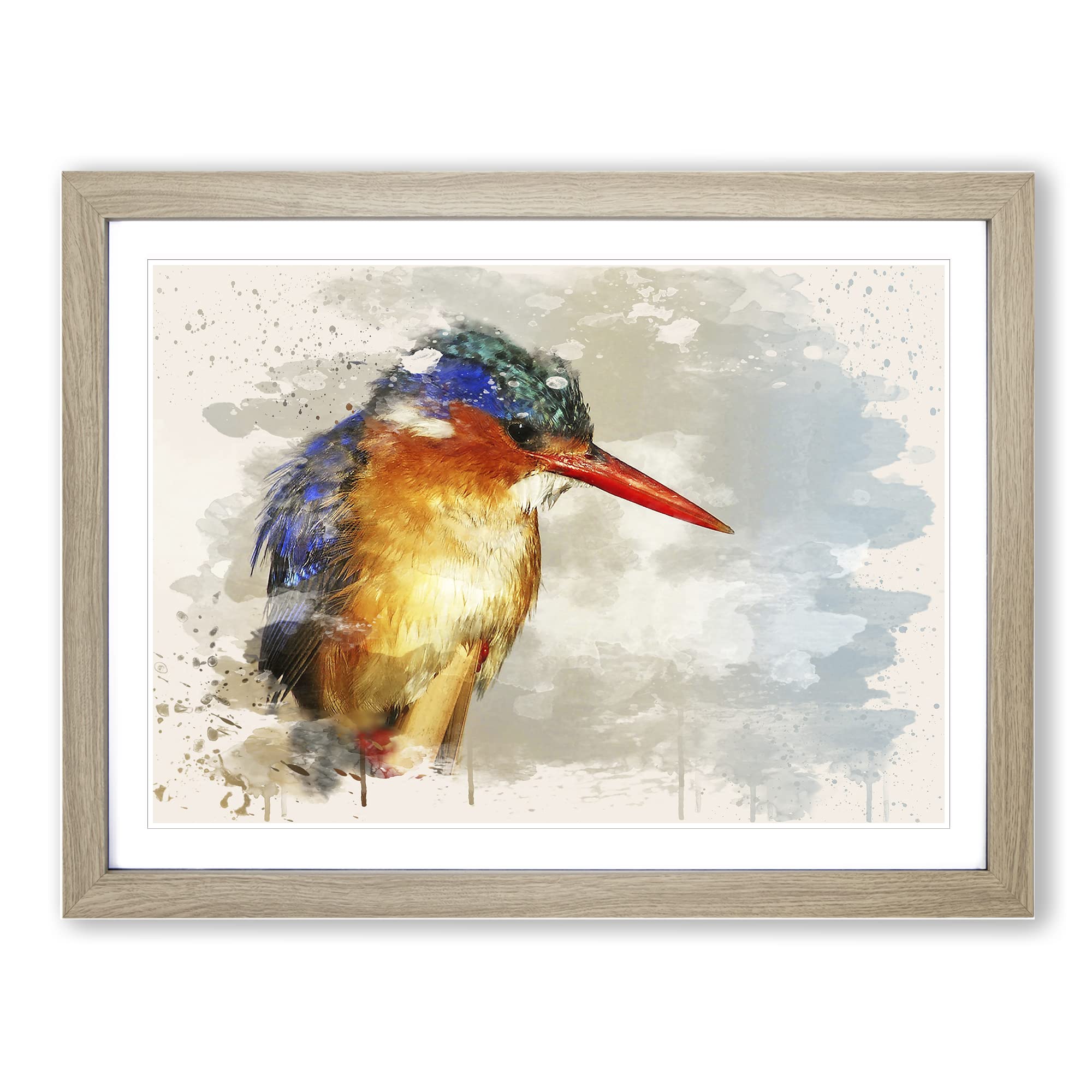 Kingfisher Bird Modern FC Framed Print | A4 Oak Framed Wall Art | Ready to Hang | Modern Nature Picture | Living Room Bedroom Lounge Office