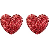 Valentines Day Earrings, Valentines Day Gifts for Her, Girlfriend, Wife, Big Red Heart Stud Earrings for Women, Sparkling Rhinestone Earrings, E03A
