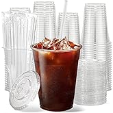 cundao 100 Pack 12 oz Clear Plastic Cups with Lids and Straws, Disposable Plastic Coffee Cups with Lids, Party Cups for Iced Coffee, Smoothies and Cold Drinks