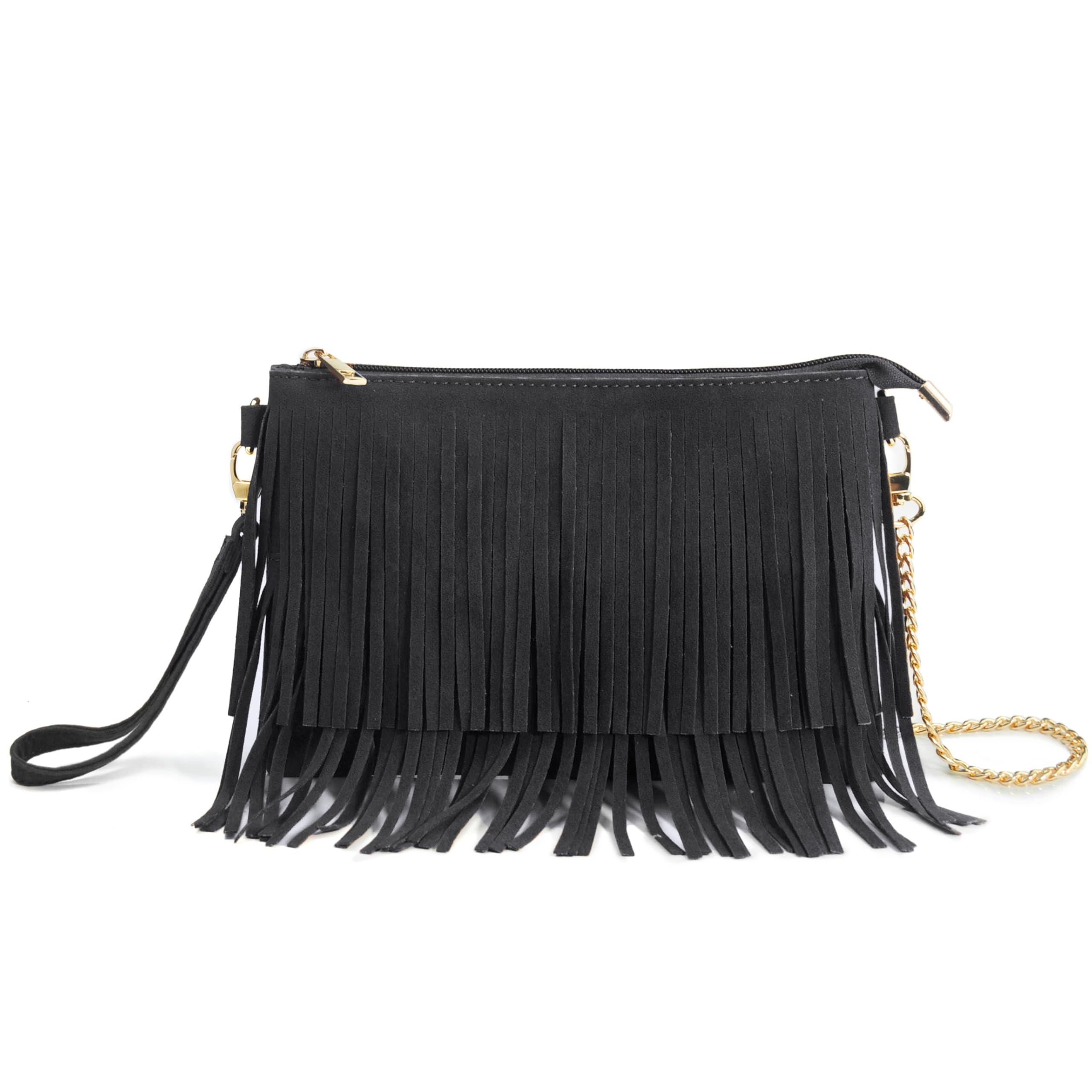Hoxis Fringe Cross Body Bag Womens Small Shoulder Bag Top Zip Wristlet (Black)