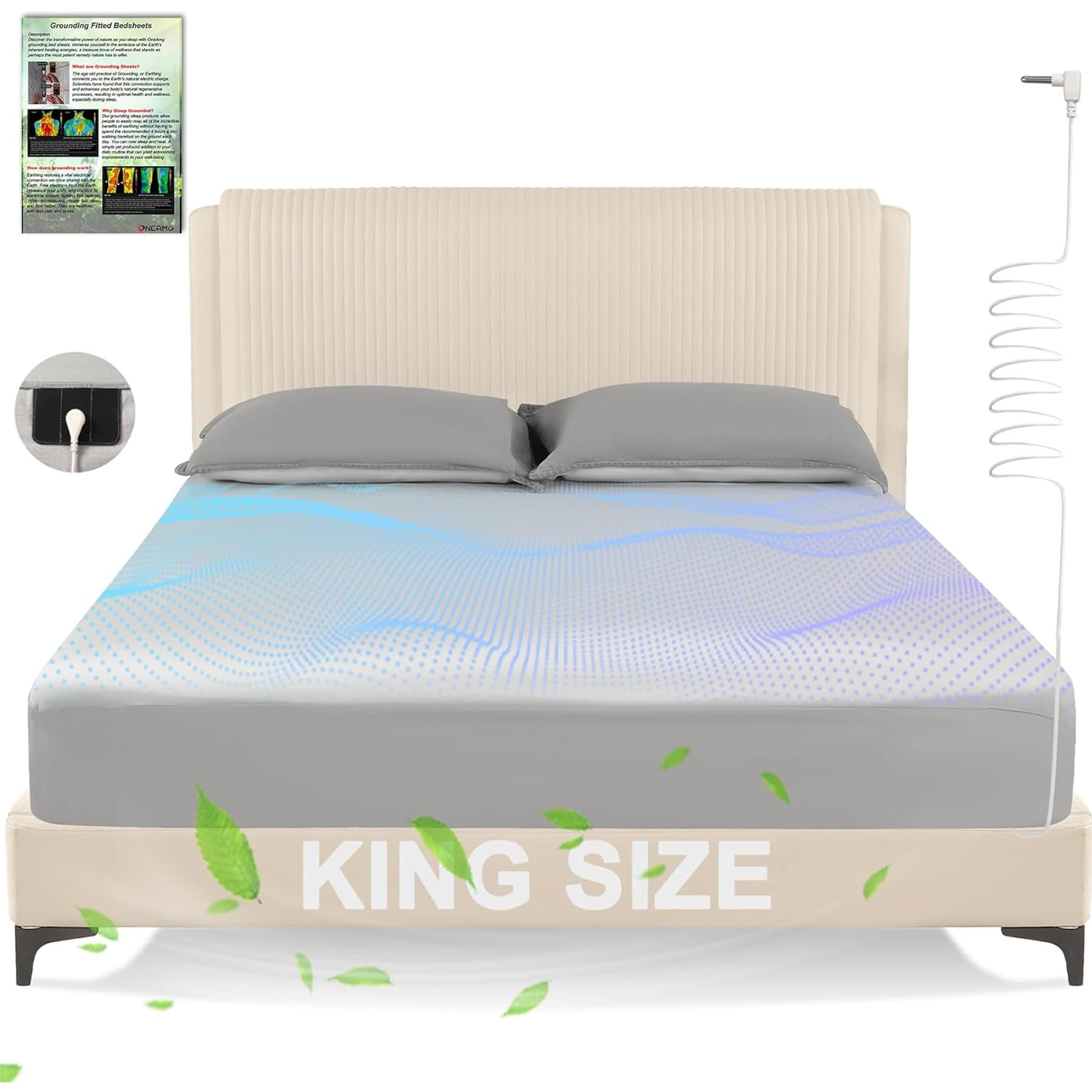 Photo 1 of Grounding Sheets King Size,Earth Grounded Fitted Bed Sheet 10% Pure Silver Fiber + 90% Organic Cotton, Bed Grounding Kit with grounding Cord for Improved Sleep & Wellness(Gray,King - 80"x78"x15")