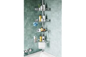 HAMITOR Corner Shower Caddy Tension Pole: Quick Installation 4-Tier Rustproof Bathroom Organizer Shelves for Bathtub Shampoo 