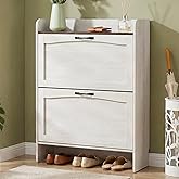 TRONLEE Narrow Shoes Storage Cabinet, Entryway Storage with 2 Flip Drawers, Farmhouse Shoe Organizer with Removable Shelves, Anti-Drop Top Fence, 40.4H x 31.4W (Warm White Grayish)
