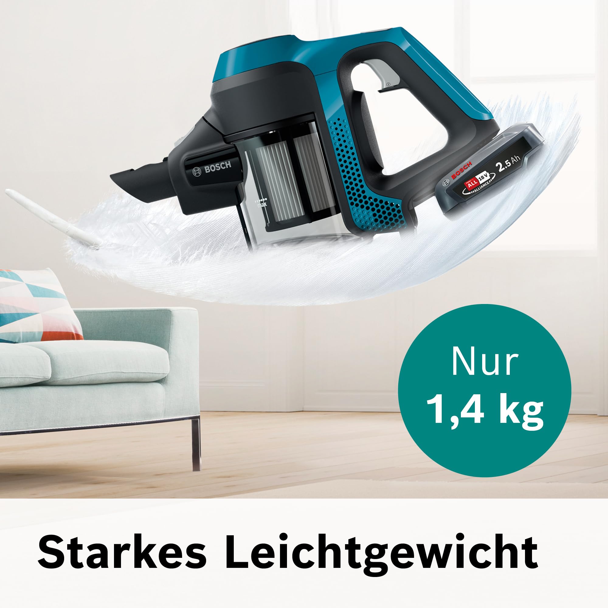 Bosch Akku-Staubsauger Unlimited 6 BKS6111P, kabelloser Handstaubsauger, beutellos, leicht, Hygiene-Filter, 10 Jahre Motorgarantie, hohe Saugleistung, Lange Laufzeit, alle Bodenarten, blau 5