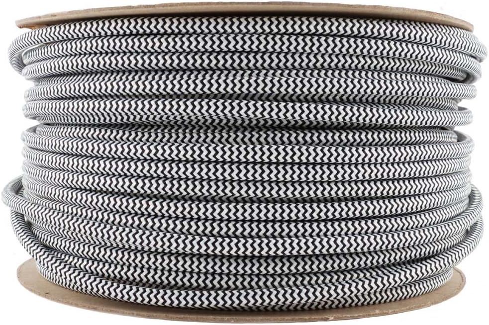 Black & White Fabric Cable | Striped Flex | 3 Core Round