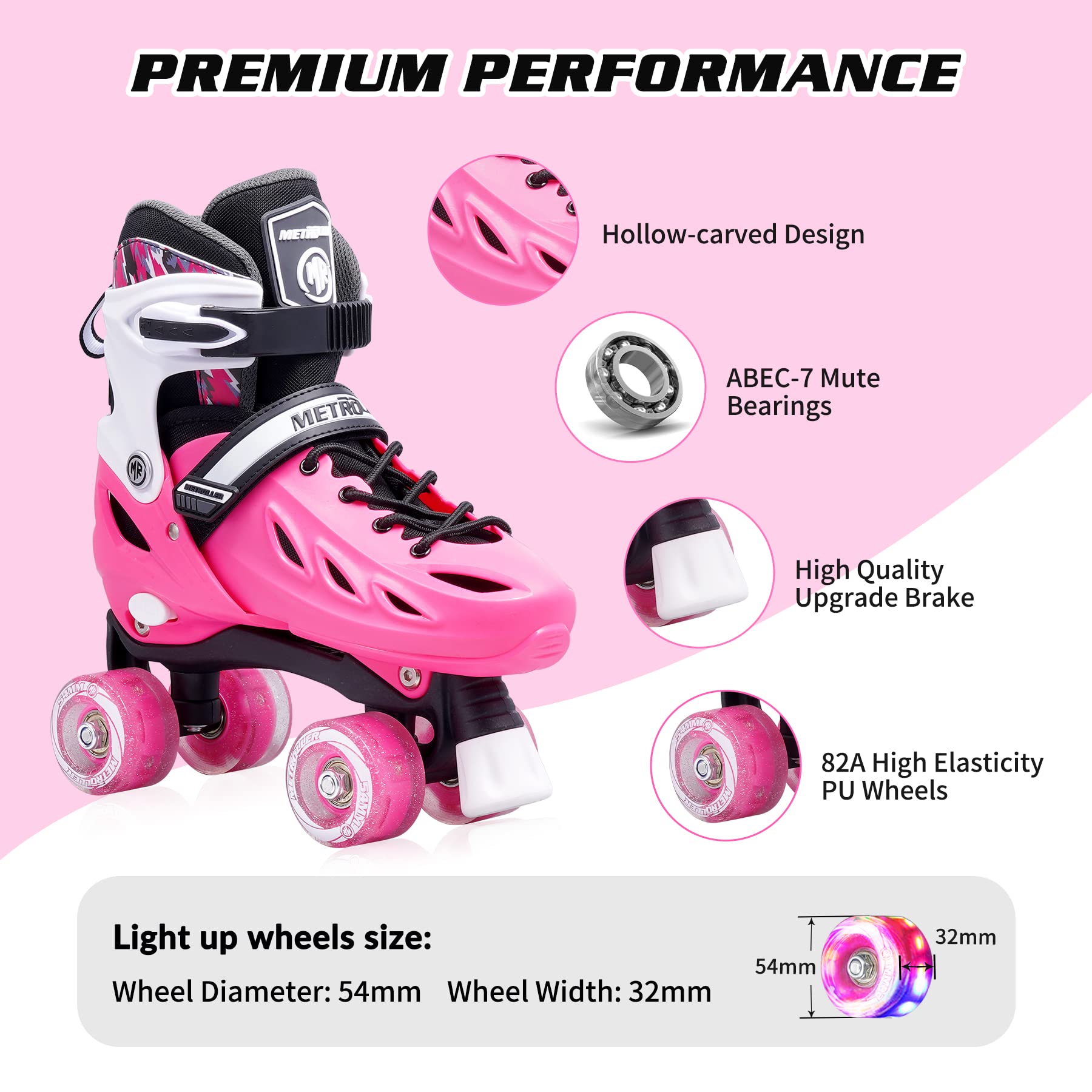 METROLLER Roller Skates for Girls Ages 5-8 8-12 and Boys Teens, Adjustable 4 Sizes for Kids Toddler Rollerskates with Light up Wheels, for Women