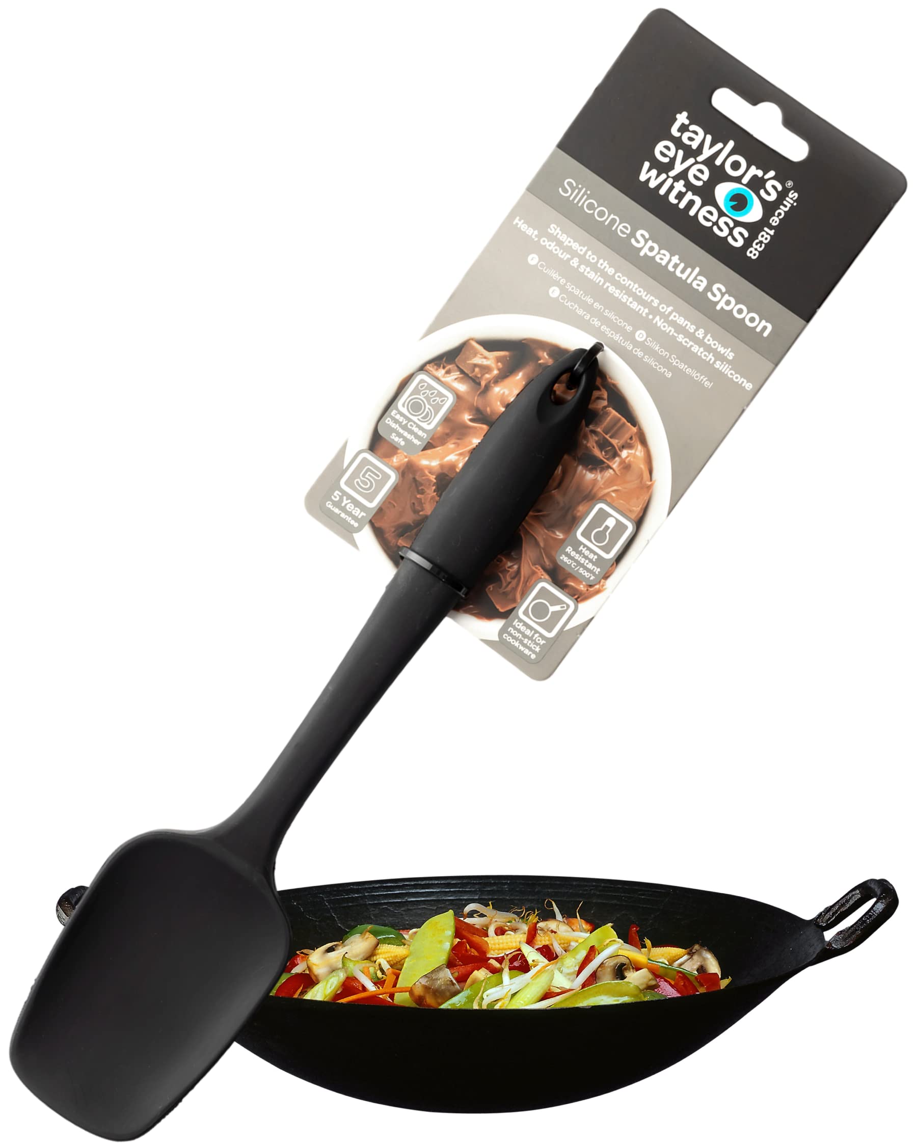 Taylors Eye Witness Large Silicone Black Spatula Spoon - Dishwasher Safe. Perfect for Non-Stick Pans. Hygienic Alternative to Wood. Odour, Stain & Heat Resistant (260°C/500°F). 5 Year Guarantee.