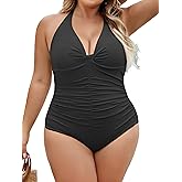 B2prity Women's Plus Size One Piece Swimsuit Tummy Control Ruched Slimming Bathing Suit Halter V Neck Swimwear
