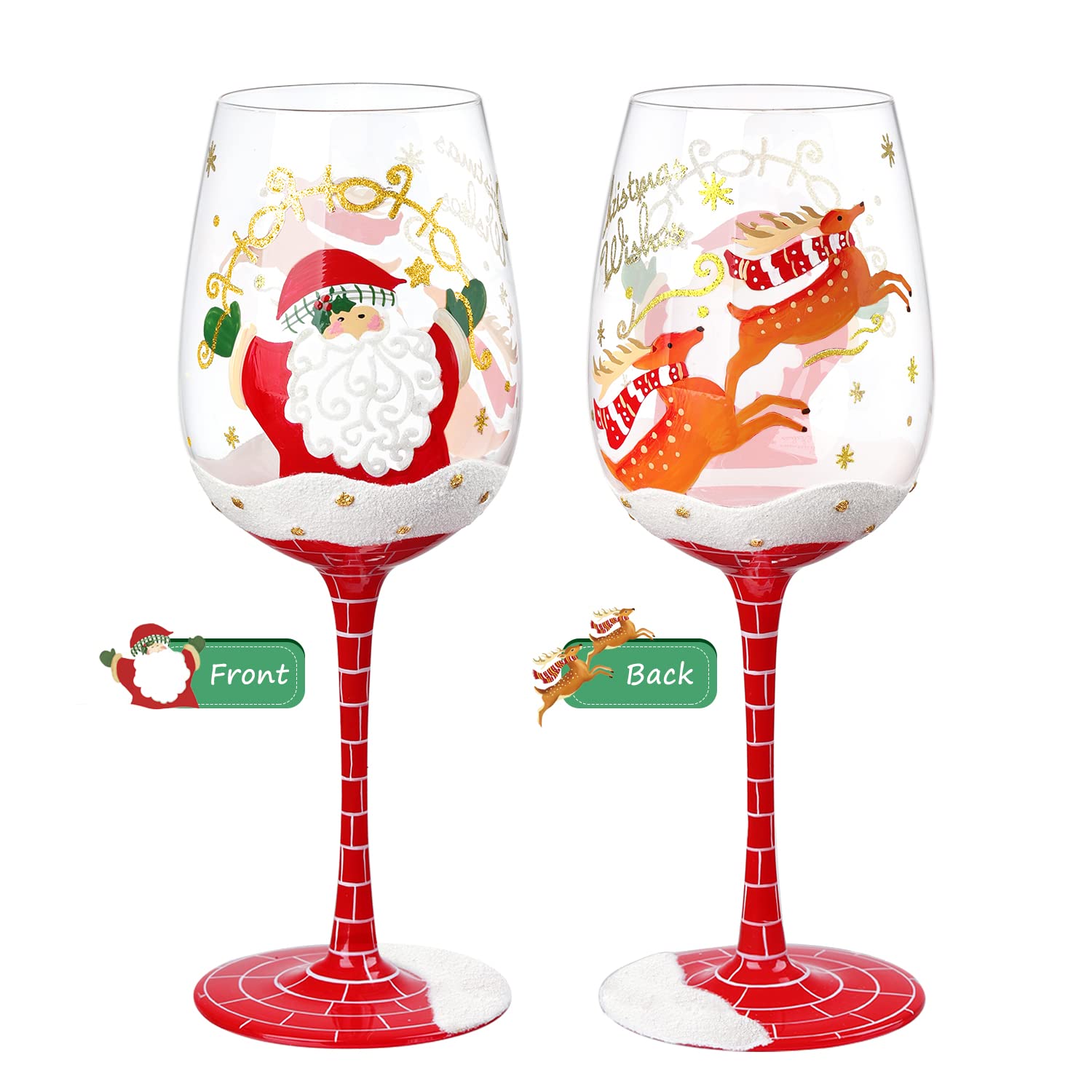 NymphFable Hand Painted Wine Glass 15oz Santa Claus Christmas Elk Deer Snowflake Xmas Christmas Glass for Family Friend