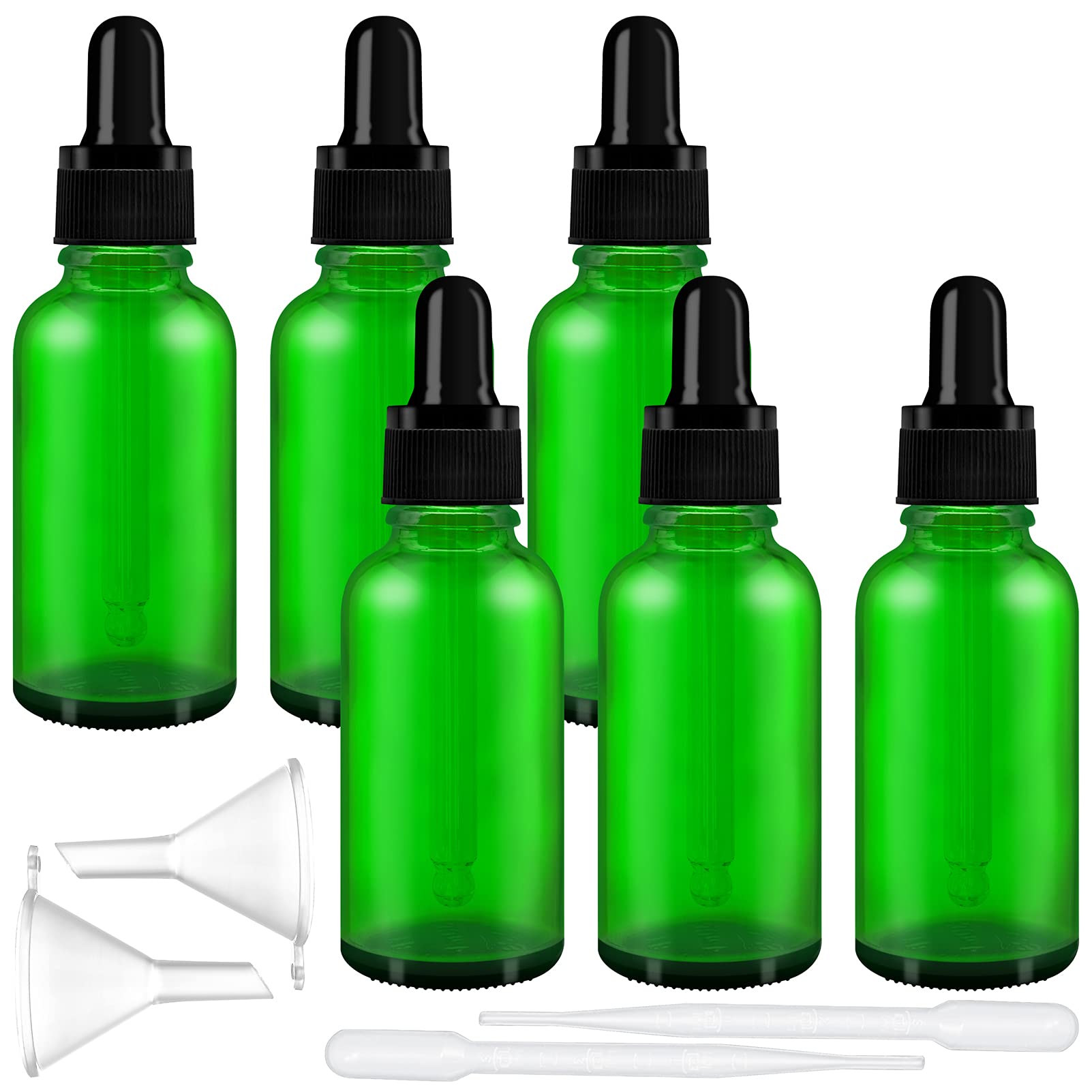 YHSWIN 30ml Green Dropper Bottle, 6Pcs Refillable Empty Glass Dropper Bottles, for Essential Oil Skincare Eye/Ear Dropsy (Included 2 Droppers and 2 Funnel)