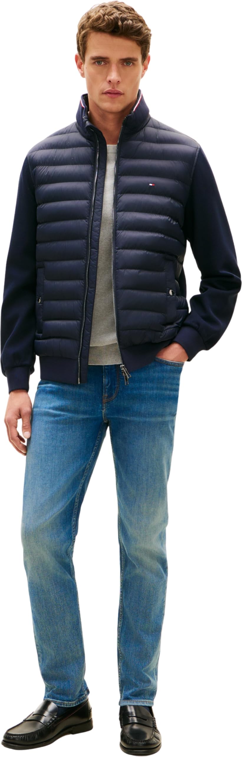 Tommy Hilfiger Herren Sweatshirt mit Reißverschluss Mix Media Stand Collar Steppjacke, Blau (Desert Sky), M 4