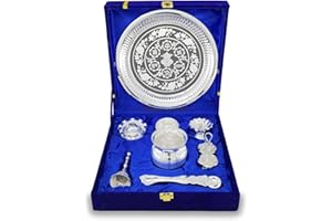 NOBILITY Pooja Thali Set Silver Plated with Blue Gift Box Puja Plate Devdas Diya Kalash Bowl Palli Haldi Kumkum Stand Dhup Dan Ghanti for Home Office Diwali Wedding Return Gifts
