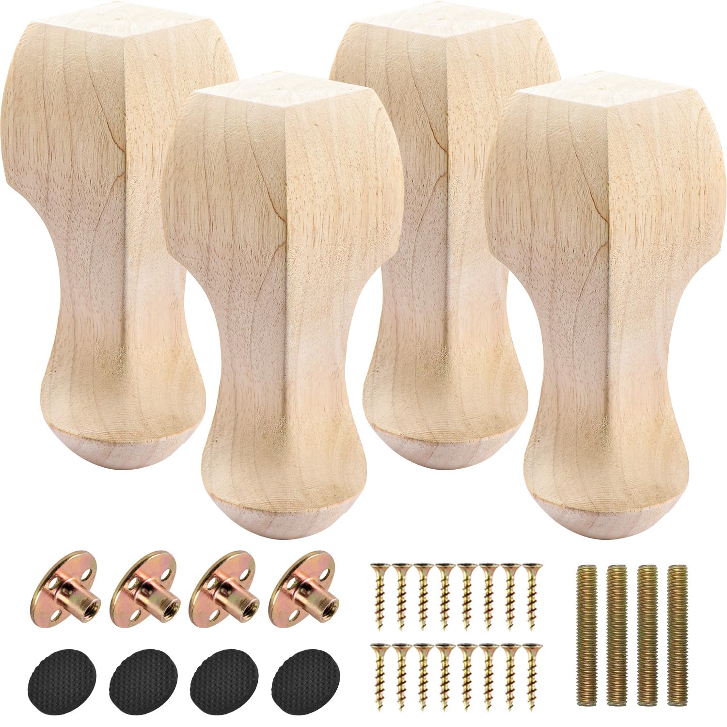 Btowin VCF 10 Inch / 25cm Wooden Furniture Legs, 4PCS Solid Wood Carved Geometry Sofa Legs Unfinished DIY Replacement Bun Feet with Mounting Plate & Screws for Sofa Cabinet Couch Table TV Stand
