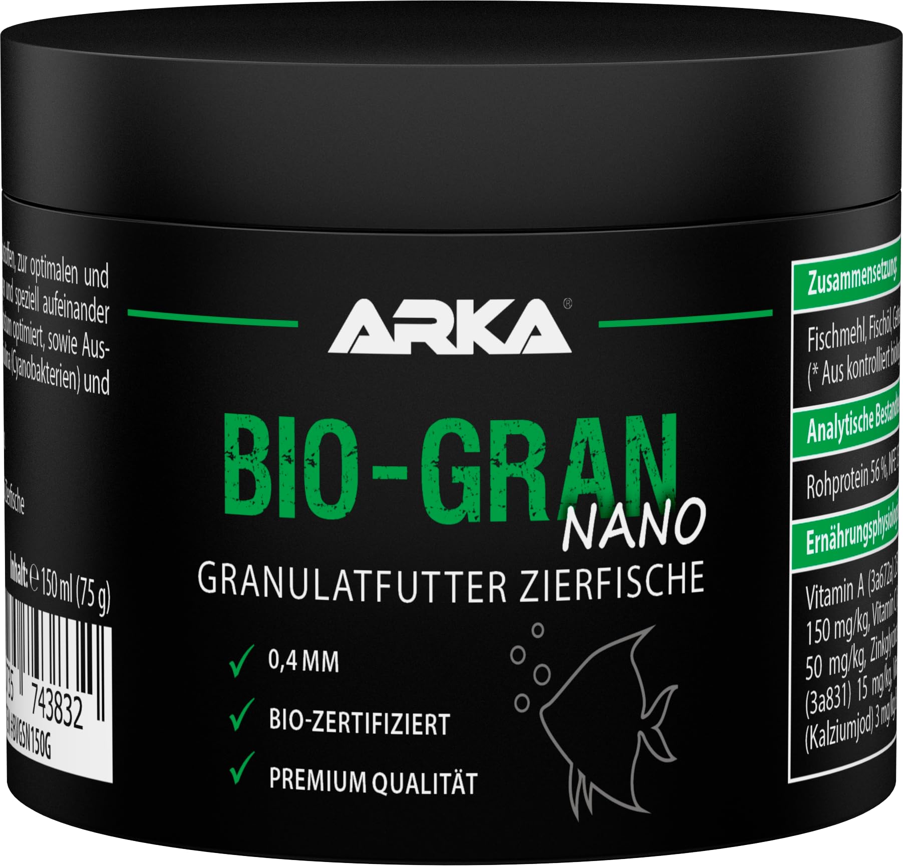 ARKA - Bio-Gran Nano - Mangime per pesci a base di materie prime biologiche certificate - Acquario d'acqua dolce - Favorisce la crescita e la colorazione - Contenuto: 150 ml / 75 g