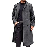 Runcati Mens Double Breasted Trench Coat Notched Lapel Long Peacoat Classic Casual Winter Overcoat