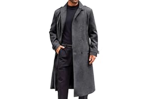 Runcati Mens Double Breasted Trench Coat Notched Lapel Long Peacoat Classic Casual Winter Overcoat
