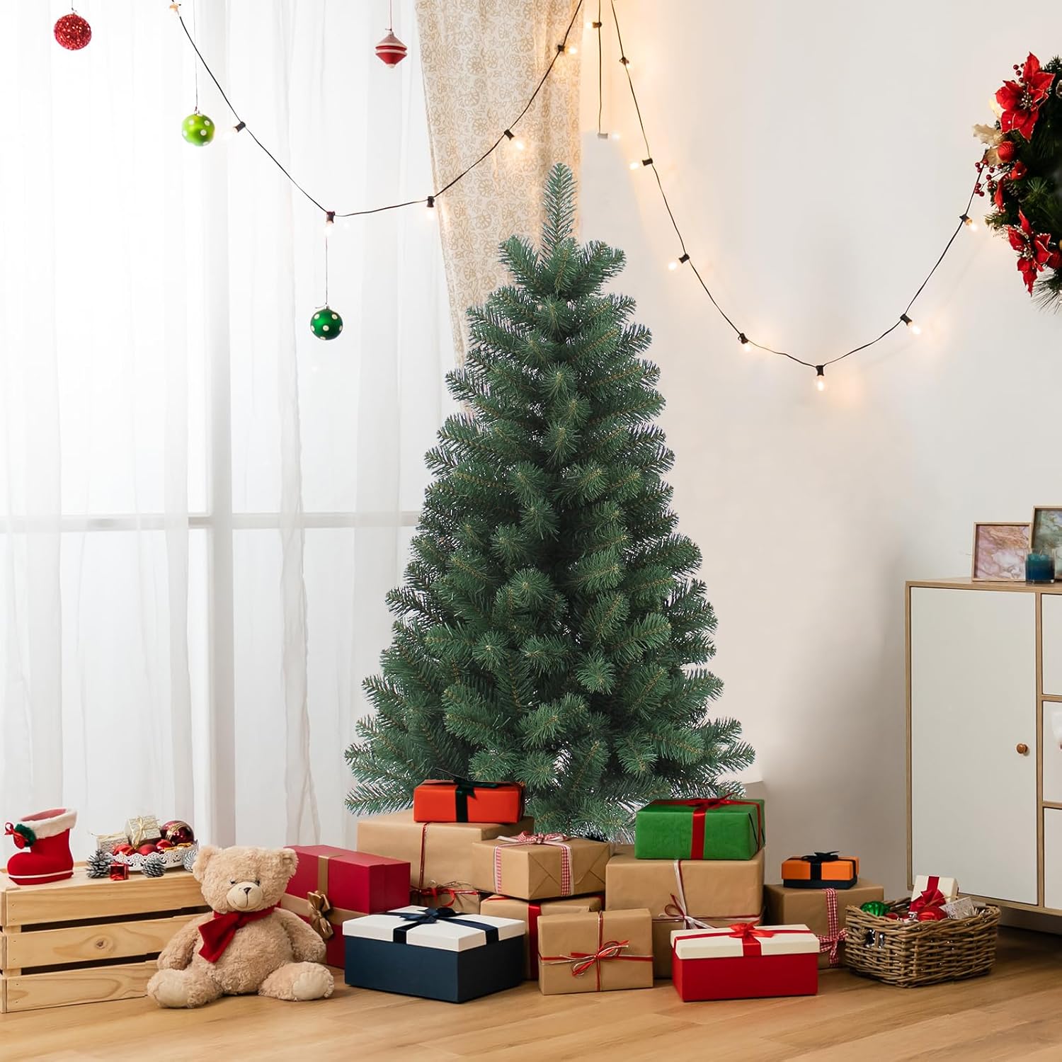 Trees - Edergoo Christmas Tree, Prelit Christmas Tree 4 ft, Artificial Christmas Tree with Fluffy Branch Tips, Christmas Tree Prelit Easy Assemble for Home, Office