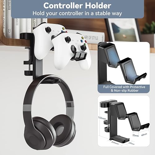 3-in-1 Under Desk Gaming Headset & Controller Holder – Adjustable Clamp Mount With 2 Hooks & Cable Management