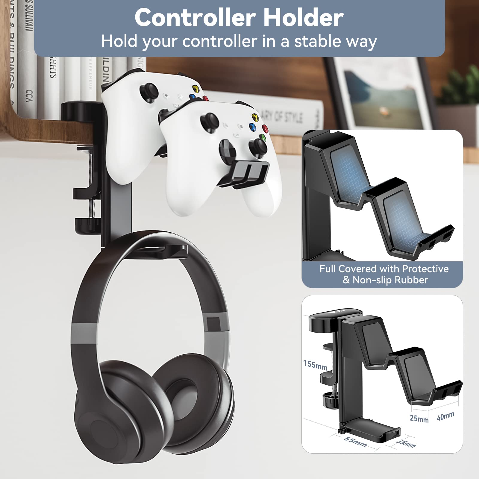 KDD Rotatable Headphone Hanger - Under Desk Clamp Controller Stand Replaceable Cup Holder - Compatible with Universal Headset, Controller, Cup(Black)