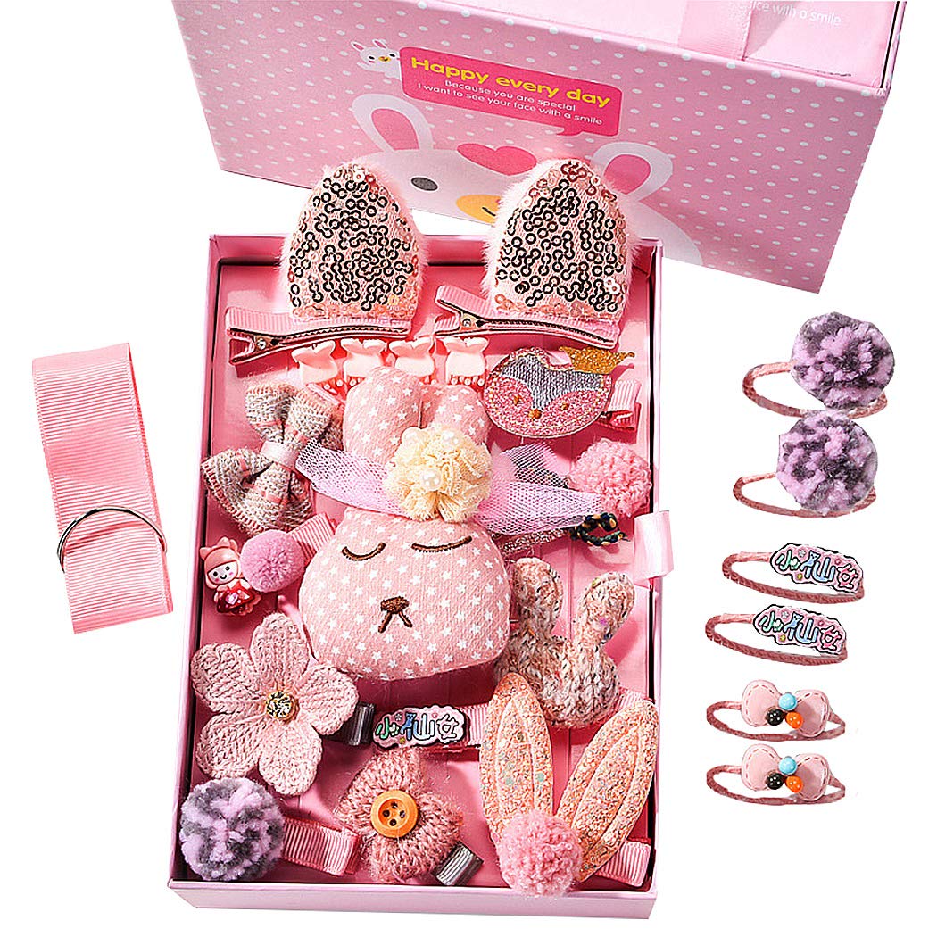 SIPLIV 24 Pcs Baby Girls Hair Accessories Set - Hair Clips, Hair Ties, Hair Bows, Claw Clips,Storage Strap and Gift Box, Pink - A