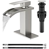 GBBNE Waterfall Bathroom Faucet 1 Hole, Single Hole Bathroom Faucet, Single Handle Vanity Sink Faucet with Deck Plate, Pop-up Drain & Supply Lines, Brushed Nickel